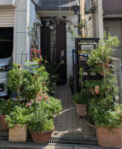 玄関前を彩るレンガ花壇と木製アーチ　吹田市春日